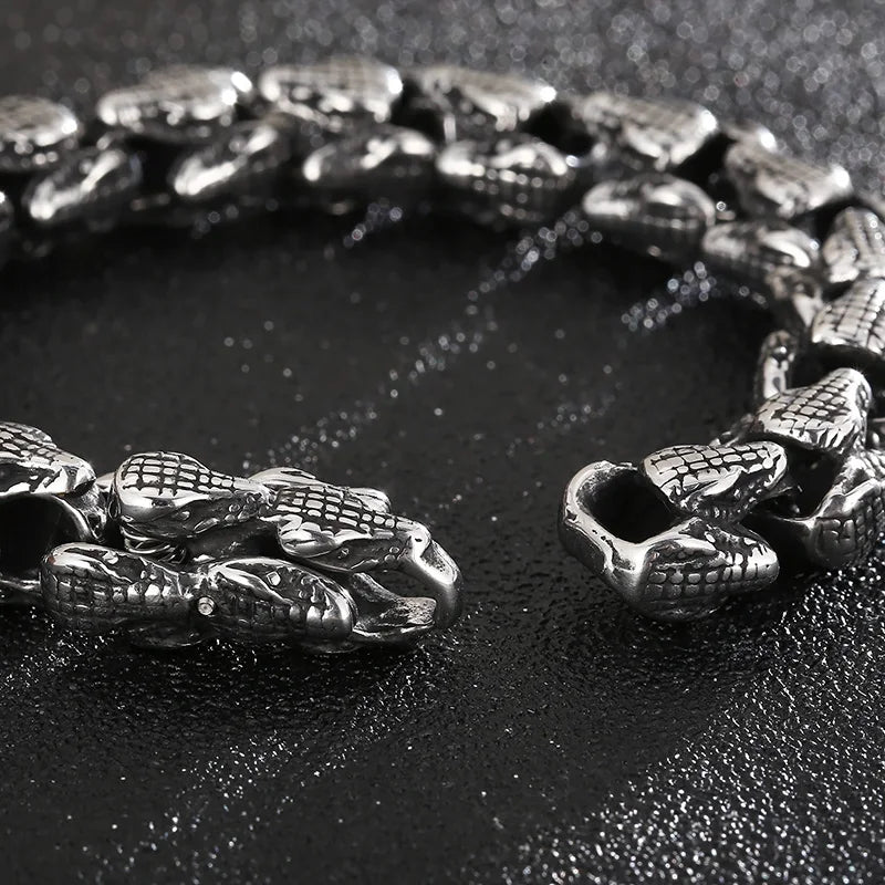 KALEN 220mm Punk Stainless Steel Snake Heads Link Chain Bracelets