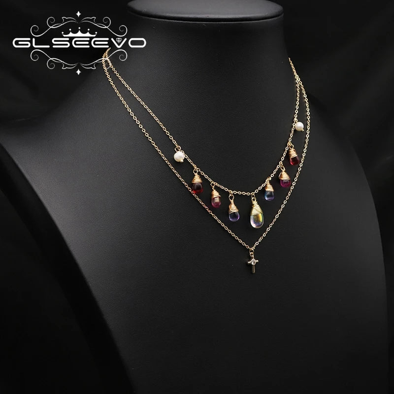 Colorful Crystal Freshwater Pearl Zircon Cross Double Layer Necklace Gold Plated Chain Removable Bridal Necklace Jewelry