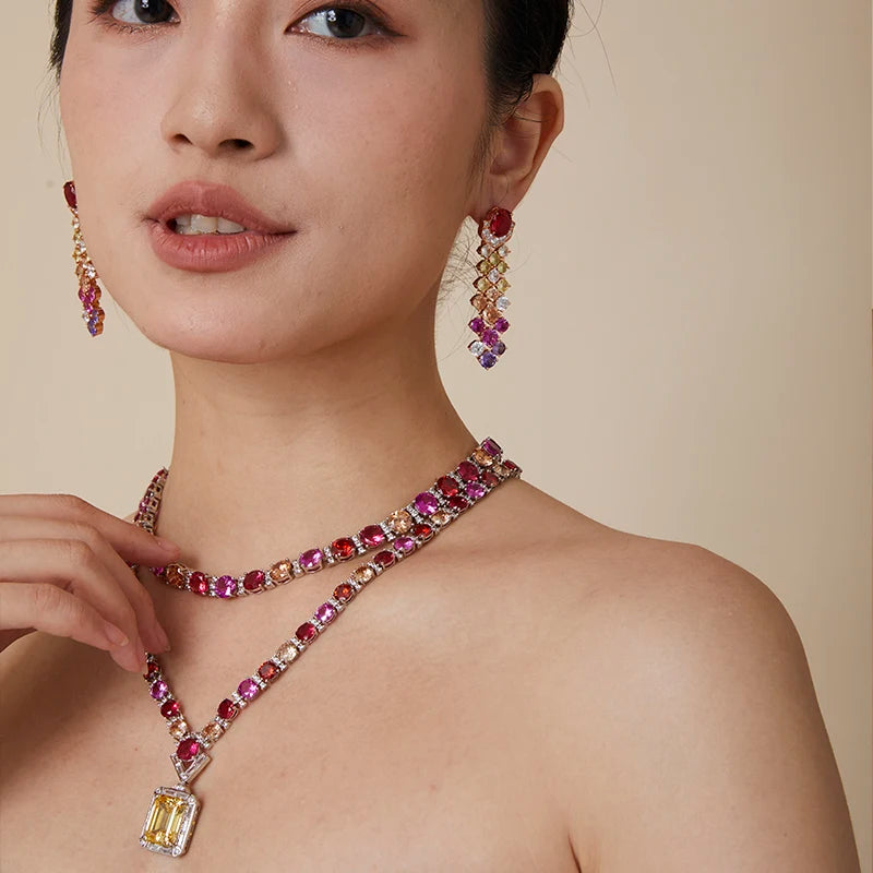 Rainbow High-End Jewelry Dubai Set Exaggerated India Zircon Double-Layer Necklace Long Earrings Trendy Women's Gifts Engagements