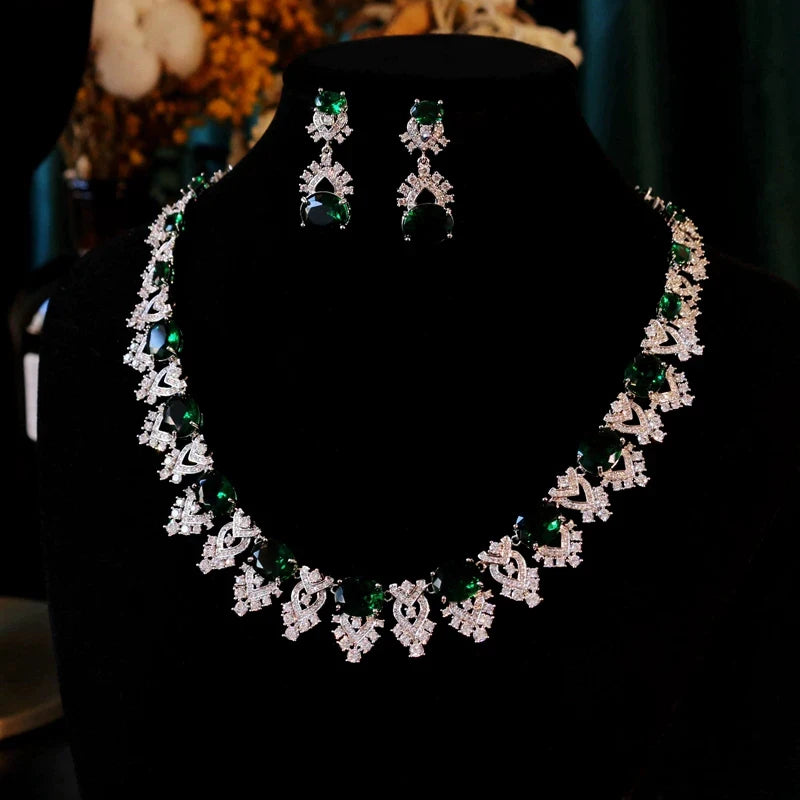 XM S309 Emerald Green & White Zircon Floral Statement Necklace & Drop Earrings Set