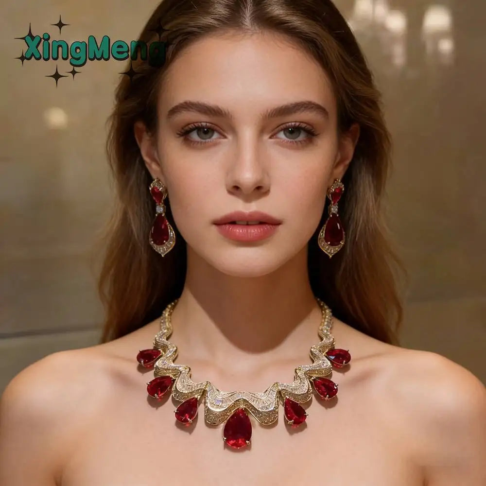 XM S211 Luxury Copper Platinum Plated Crystal Flower Necklace and Earrings Set for Women High End Jewelry for Wedding Engagement