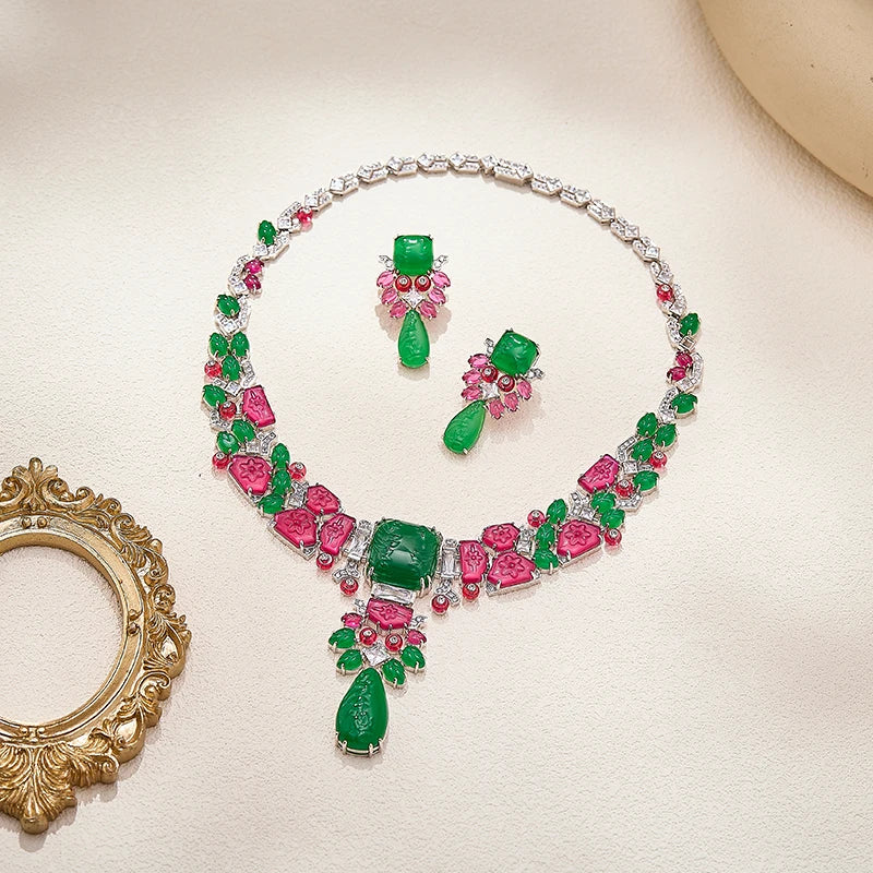 Gorgeous Retro Necklace Earrings Ring 3-piece Set Carved Embossed Pattern  Colorful Zircon Dubai Luxury Brass Jewelry
