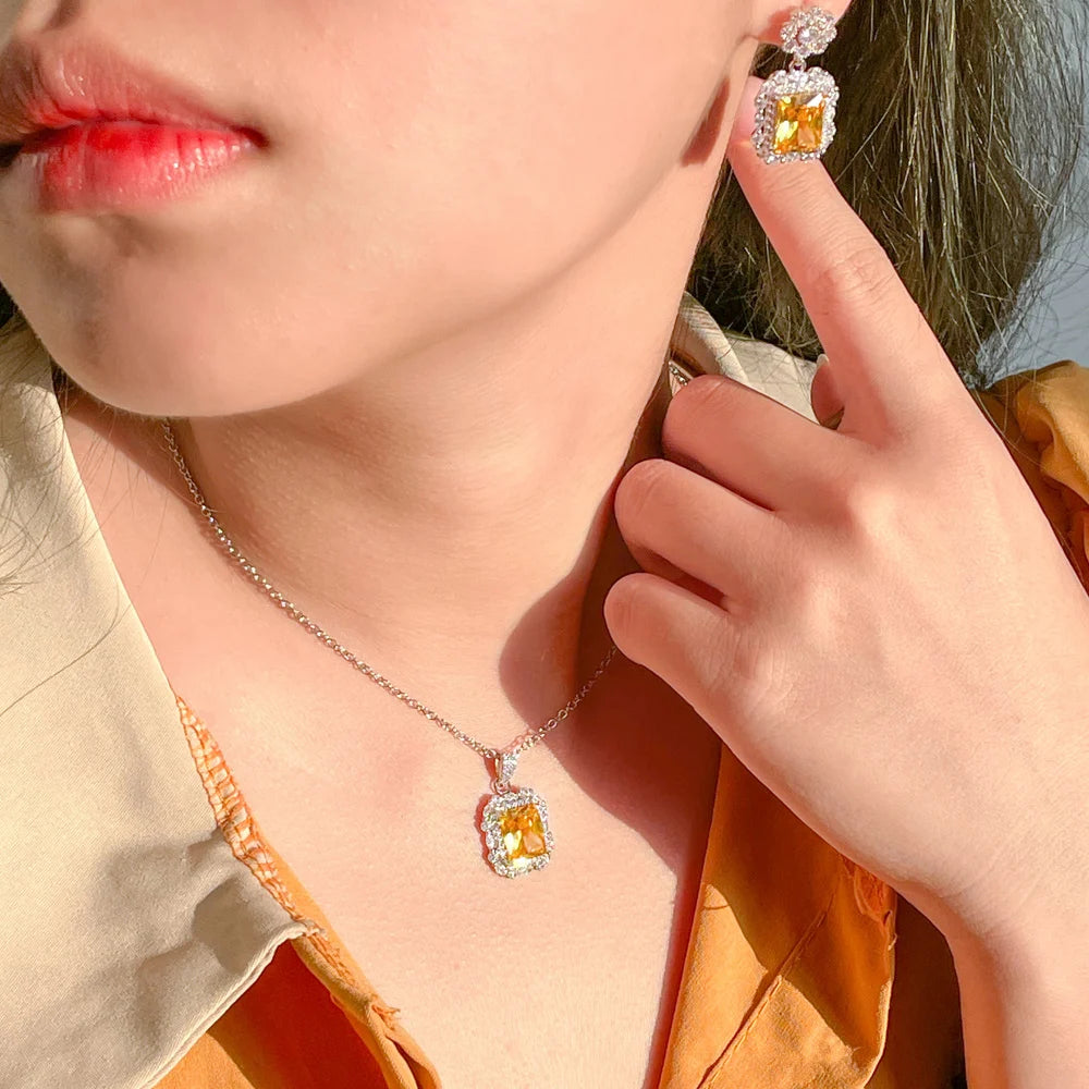 S&S Flower & Square CZ Necklace & Earrings Set – Yellow, Green & Pink – Collection