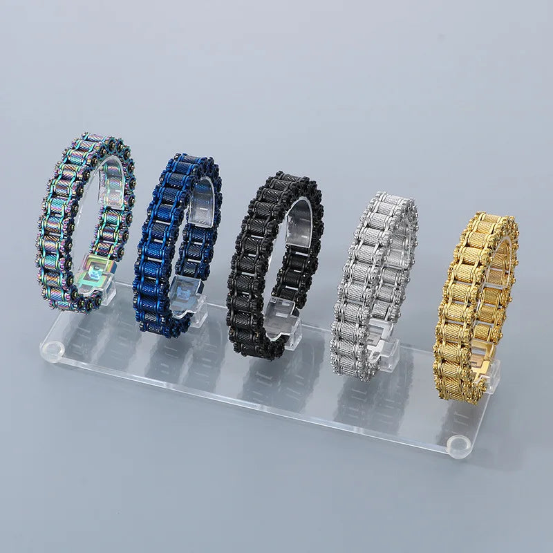 REBEL Men's Punk Motorcycle Chain Bracelet, Multi‑Color Plated Stainless Steel Hip Hop Biker Wrist Cuff, Street Fashion Jewelry Gifts