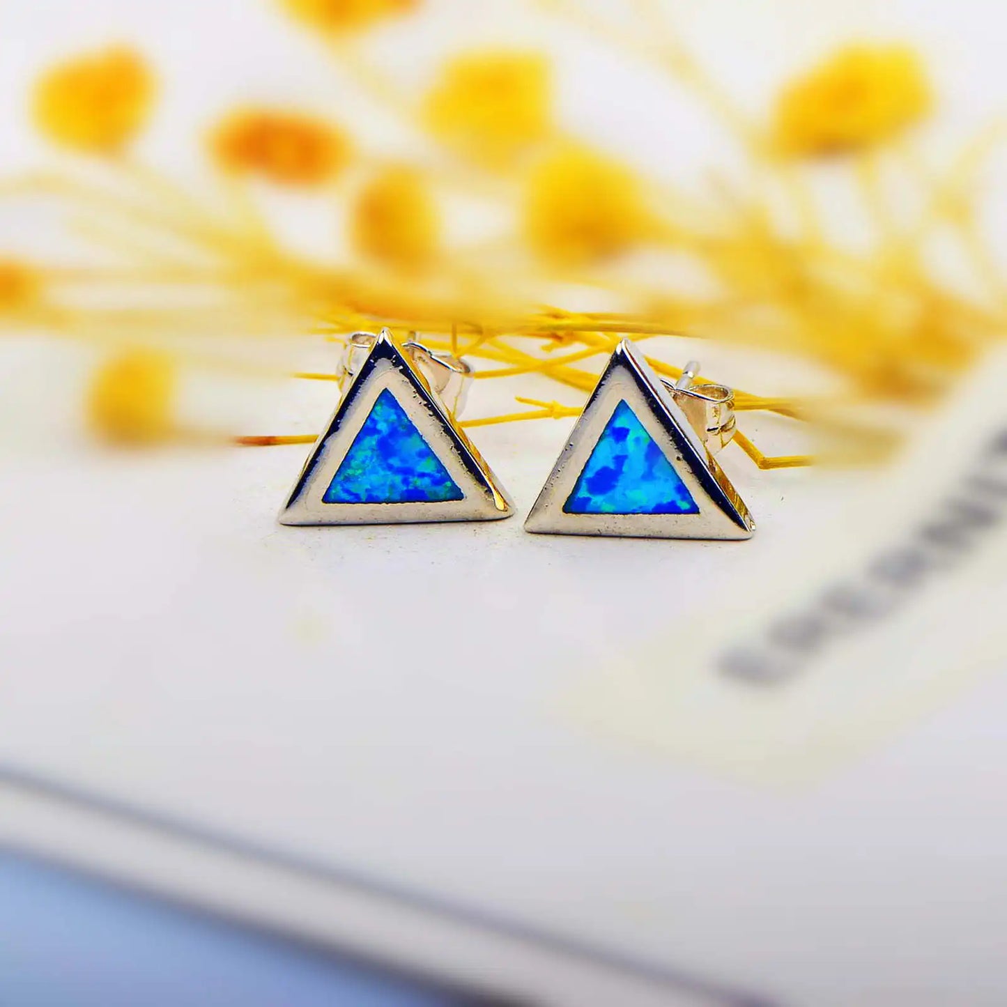 Elegant Hawaiian Opal Studs Sparkling Blue  Triangle Earrings with Iridescent Shine