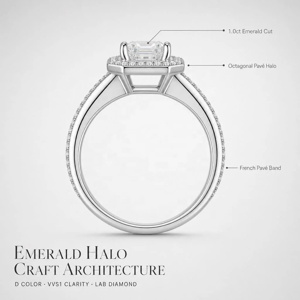 Gioiellieri Luxurious Emerald Cut 1Carat D Color VVS1 Lab Grown Diamond Ring 9K 10K 14K 18K Solid Gold PT950 Paved Band Engagement Ring