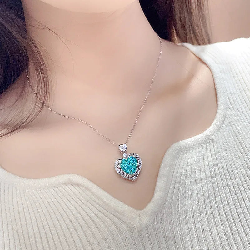 Gemfiori Fashionable High-End Paraba Heart-Shaped Pendant S925 Silver Bead Chain Necklace for Women 85-Carat Center Stone