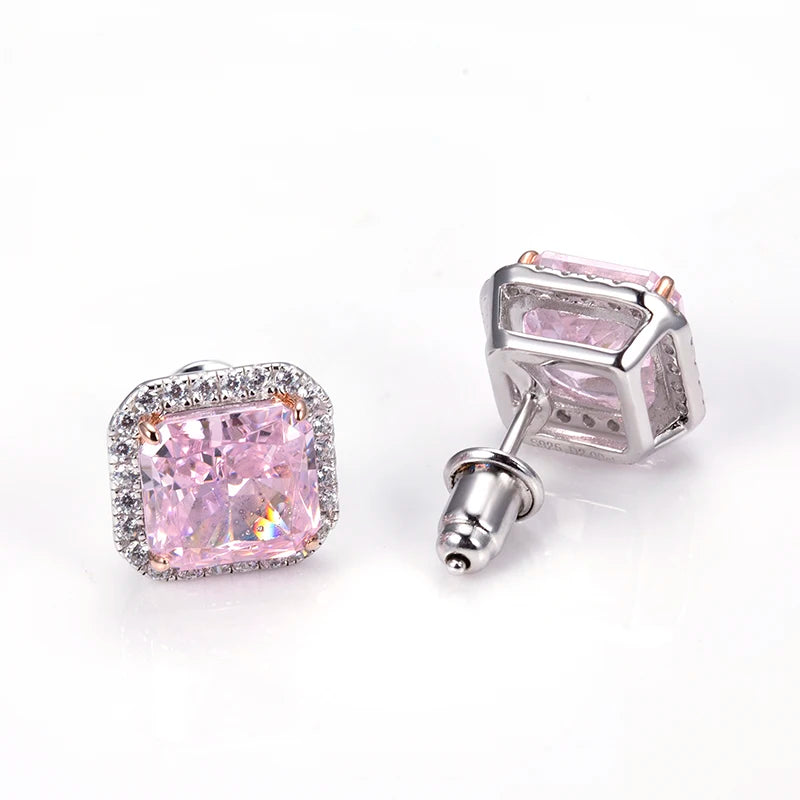 Messi Jewelry MSE-601  Silver 4CT Pink High Carbon Cubic Zircon Radiant Cut Fine Jewelry Earrings for Dating or Wedding