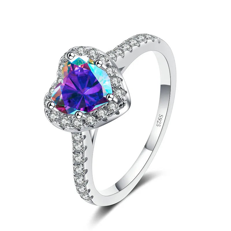 Wholesale Fine Jewelry S925 Sterling Silver Love Heart Ring Light Luxury 1Carat Colorful Heart Shaped Moissanite Engagement Ring