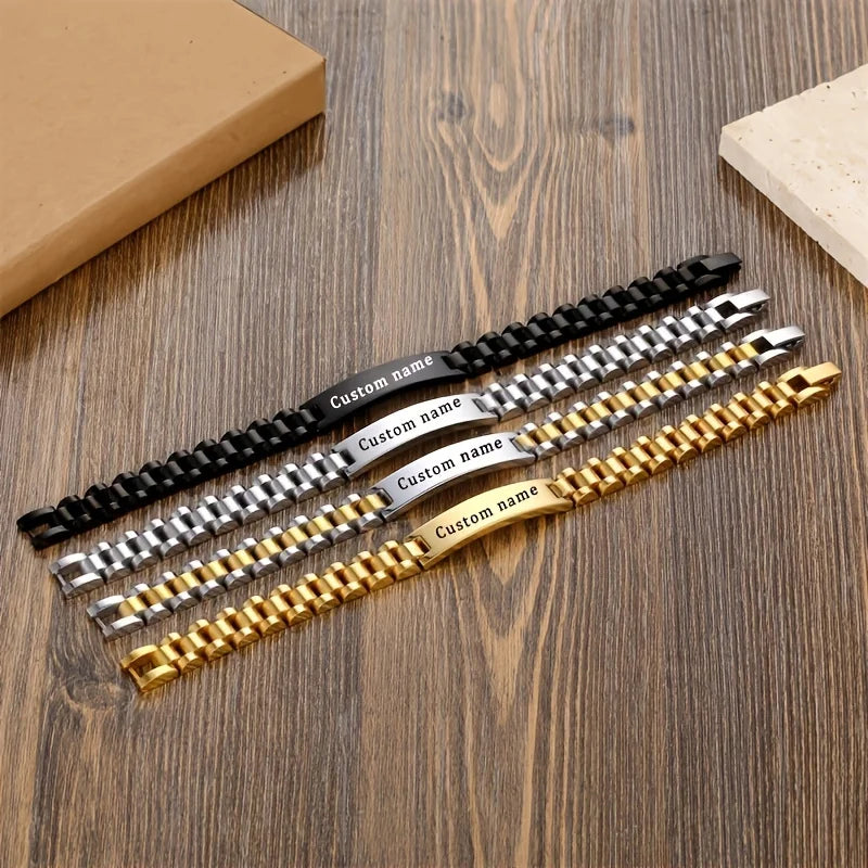 REBEL TD Hot Selling Custom Engraved ID Bar Bracelet, Waterproof Stainless Steel Watch Band Bracelet for Men