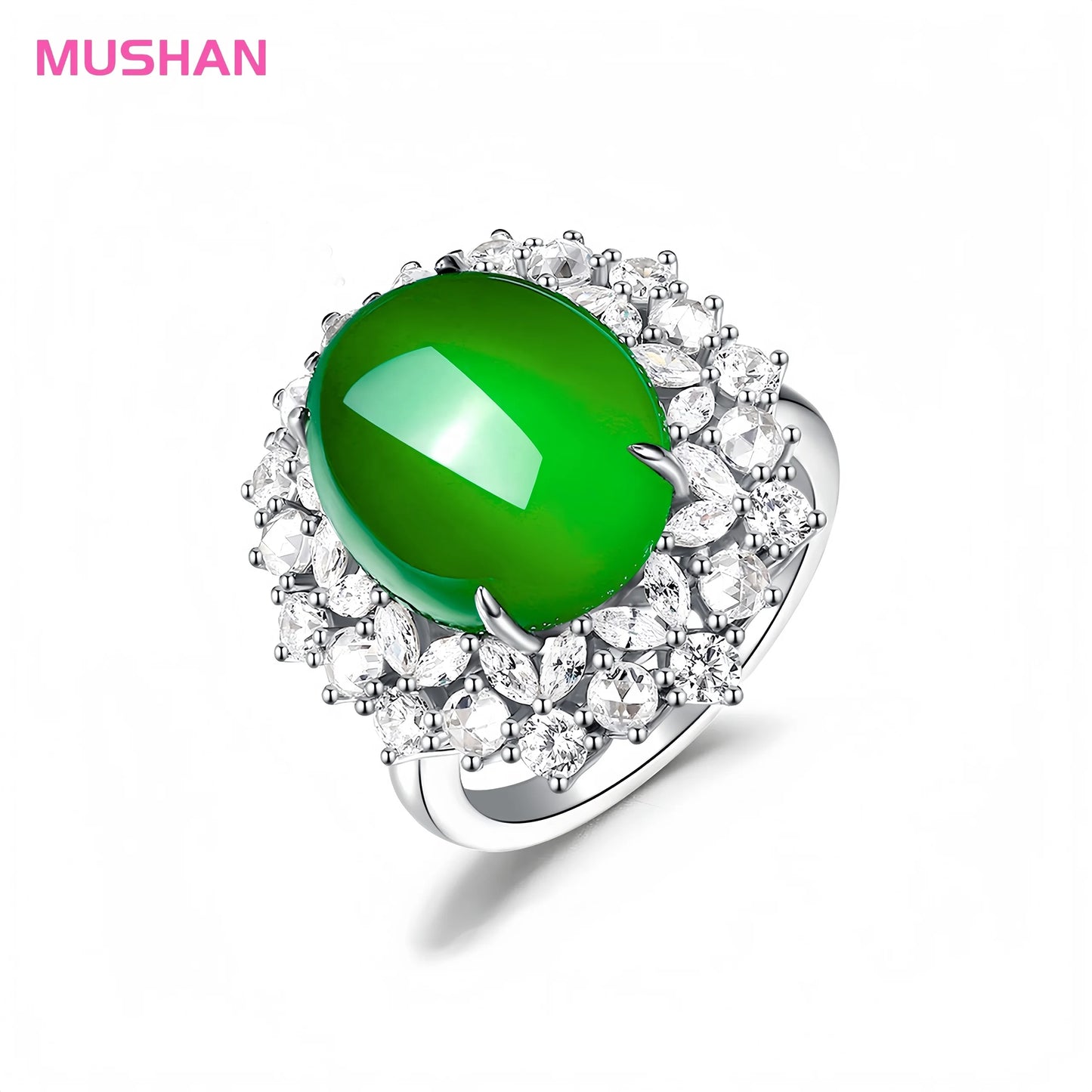 MUSHAN Jewelry Factory S 925 Sterling Silver Ring Luxury High Carbon Diamond Wedding Band 12mm Ice Green Jade Rings for Women