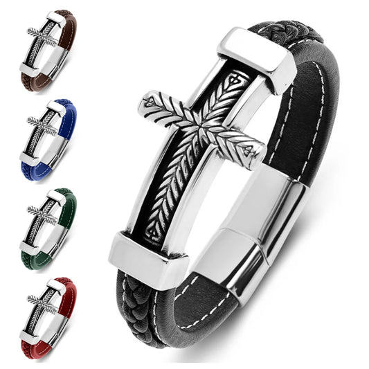 Hot Sale Male Magnetic Pattern Cross Style Stainless Steel Accessories Double-Layer Leather Bracelet Wearing Accessories