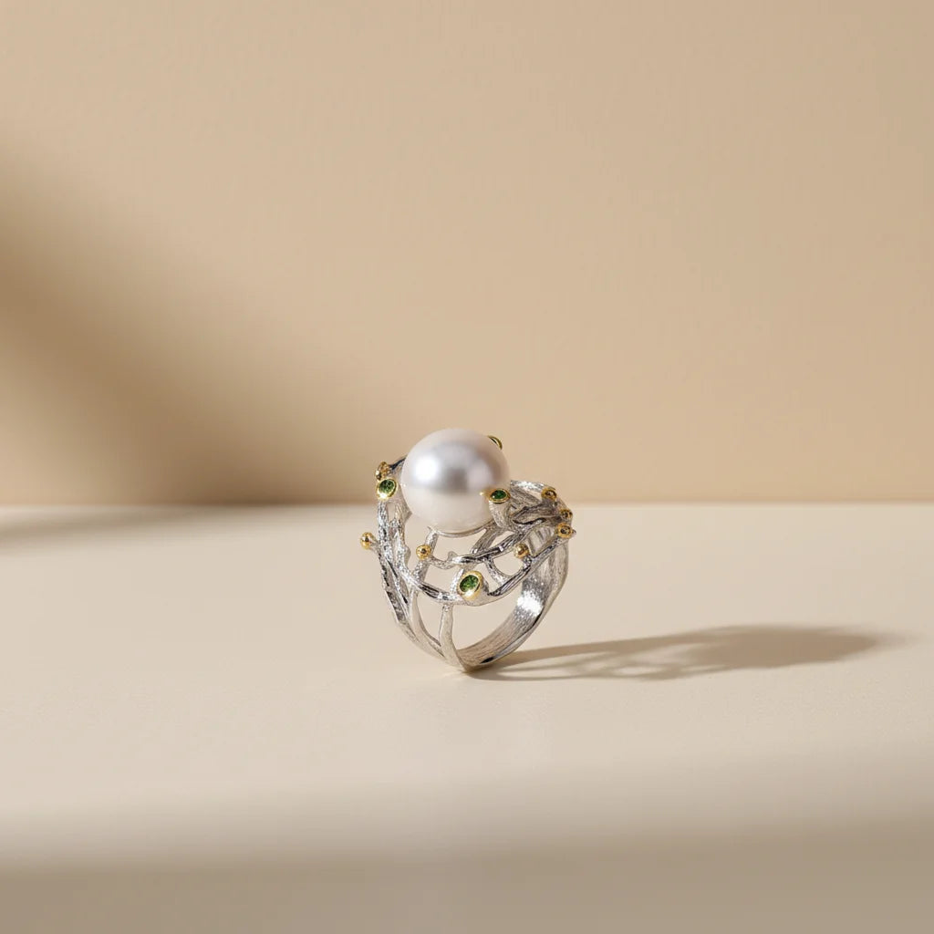 Handmade Indian Style  Germany Button Pearl 925 Silver Ring Diopside Stone Jewelry
