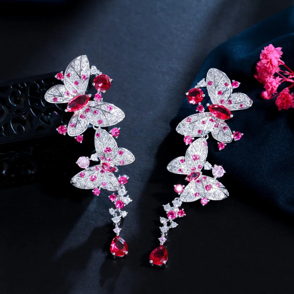 S&S Red CZ Butterfly Long Dangle Drop Earrings – 925 Silver Pin – Rhodium Plated – Collection