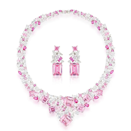 Sparking Pink Purple Yellow Top High 5A Zirconia Full Paved Star River Design Necklace Earring Set Women Evening Gown Accessory