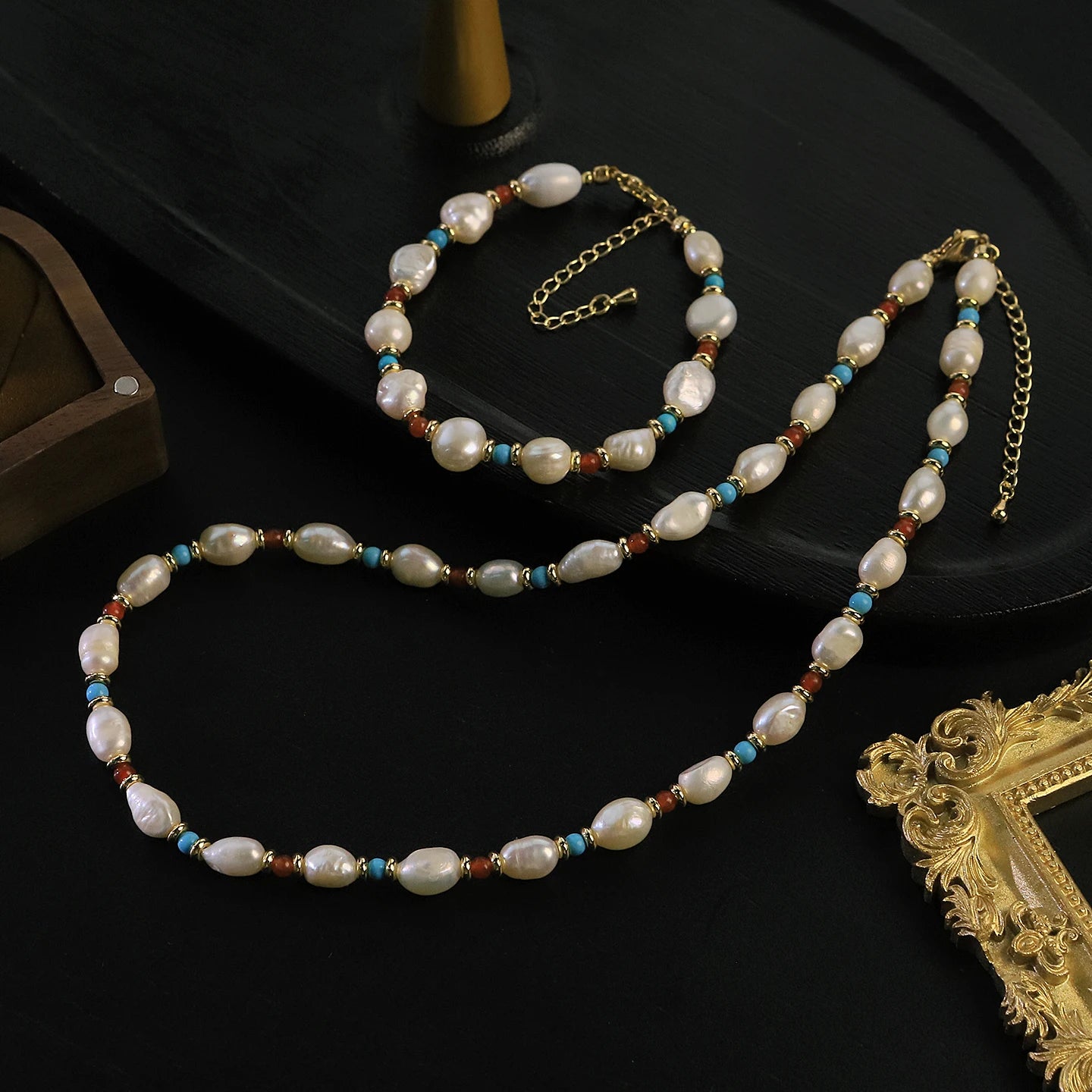GS0272 Natural Freshwater Pearl, Turquoise & Agate Bohemian Jewellery Set for Women