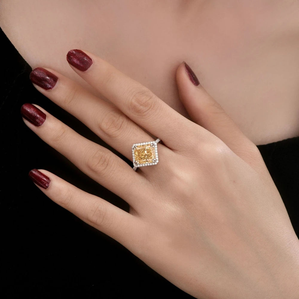 MuShan Jewelry Factory 8Carat Diamond Yellow 9*10 Ice Flower Cut European and American High Carbon Diamond Ring S925 Silver Ring