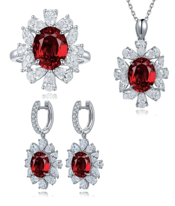 Gemfiori Vintage Sterling 925 Silver Lab Grown Ruby Ring Necklace Earrings Ladies' Bridal Jewelry Set for Weddings Party Gift Idea
