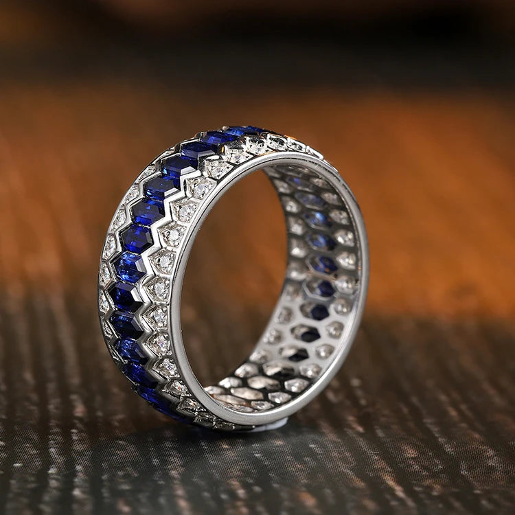 Gemfiori High Quality Royale Jewelry Blue Sapphire Wedding Ring Women Size 4-11 Women Sapphire Ring Mian Stone 1.75*3.5MM