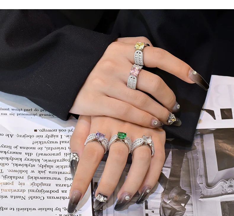 MuShan Jewelry Factory 8 * 8 Fat Square Simulated Emerald Diamond Ring with High Carbon Diamond 925 Silver Ring Redion Cut