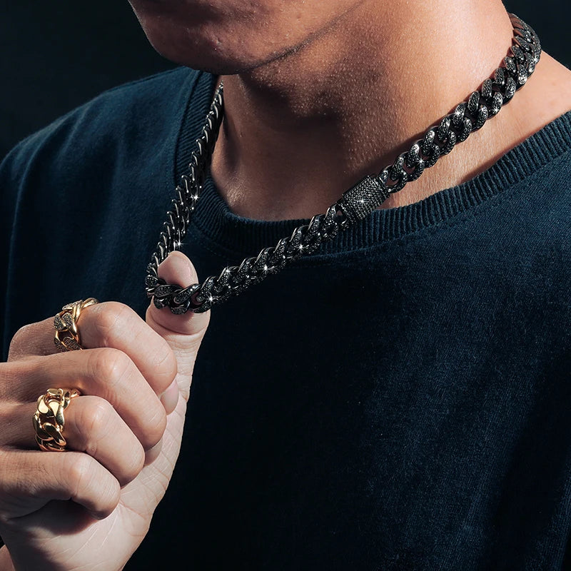 REBEL Item 12mm Black Vvs Moissanite Iced Out Cuban Link Chain Hop Fine Jewelry 925 Sterling Silver Cuban Necklace