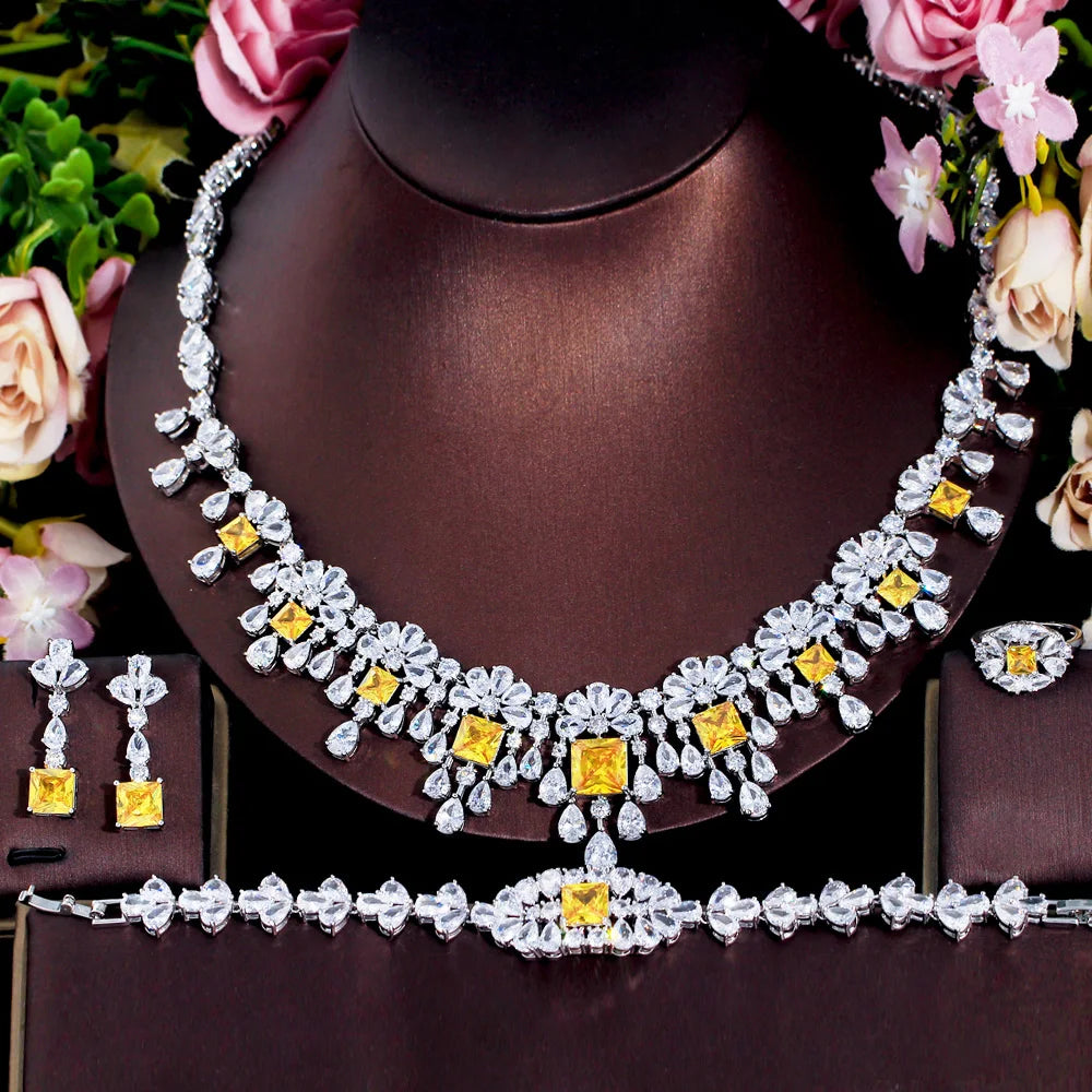 4pcs Big Dubai Cubic Zirconia Flower Fringed Expensive Luxury Chunky Wedding Bridal Necklace Jewelry Sets for Women Jewellery