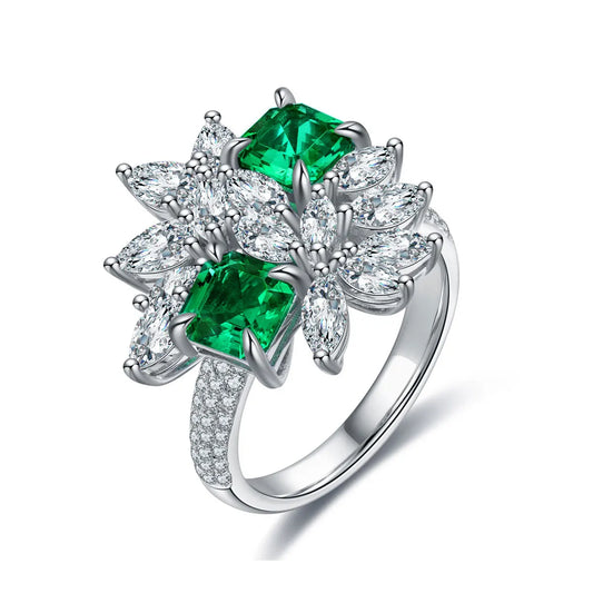 Gemfiori S925 Sterling Dainty Jewelry Gemstones Silver Rings Lab Grown Emerald Flower Ring Accessories