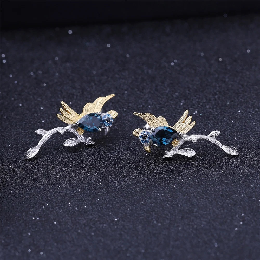 ArtistA C7771 Abiding Cute Natural Blue Sapphire Gemstone 925 Sterling Silver Animal Bird Ring Earrings Jewelry Set