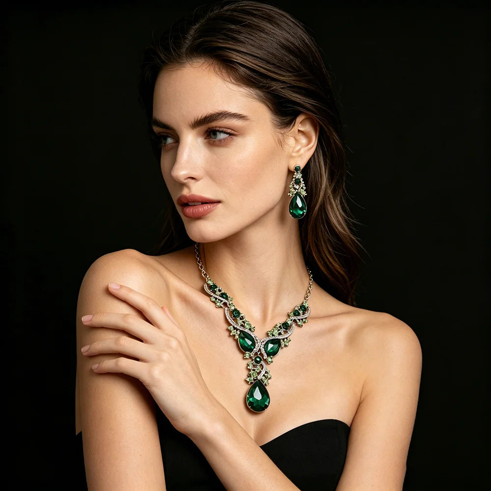 XM S368 Silver Plated Princess Cut Zircon Floral Statement Necklace & Drop Earrings Set