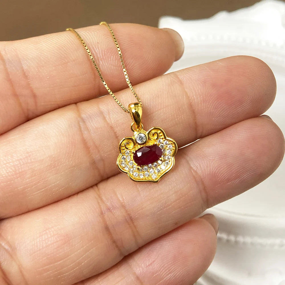 Gioiellieri Natural Ruby Gold Plated 925 Sterling Silver Exquisitely Crafted Claw Setting Gemstone-Inlaid CMA Women's Gift Party Pendant