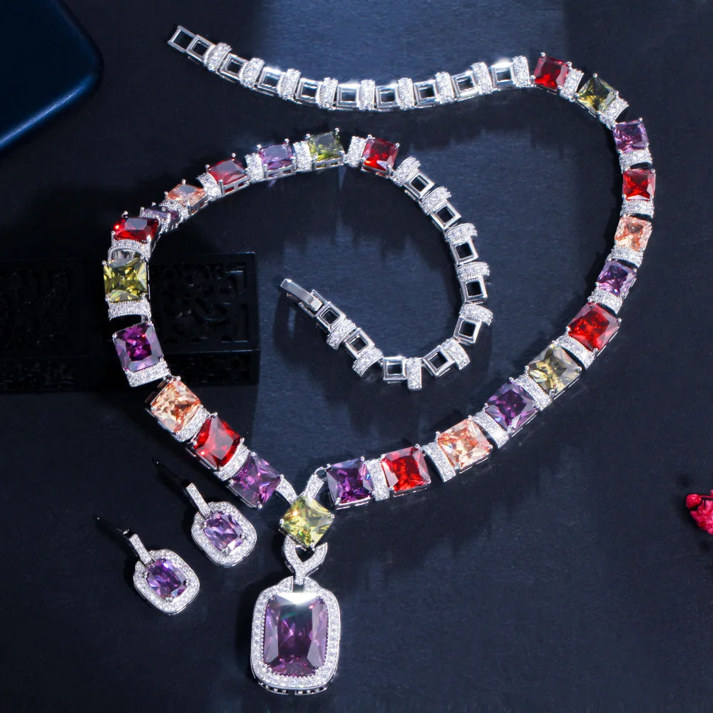 Multi Color Purple Cubic Zirconia Big Square Drop Luxury Wedding Bridal Necklace Earrings Costume Jewelry Sets for Women