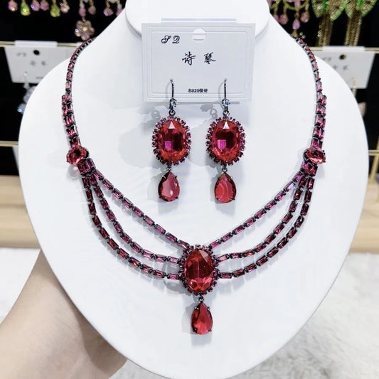 K086 High End Women Exquisite Luxurious Geometric Red Zircon Bridal Necklace Earrings Set Wedding Elegant Jewelry Set
