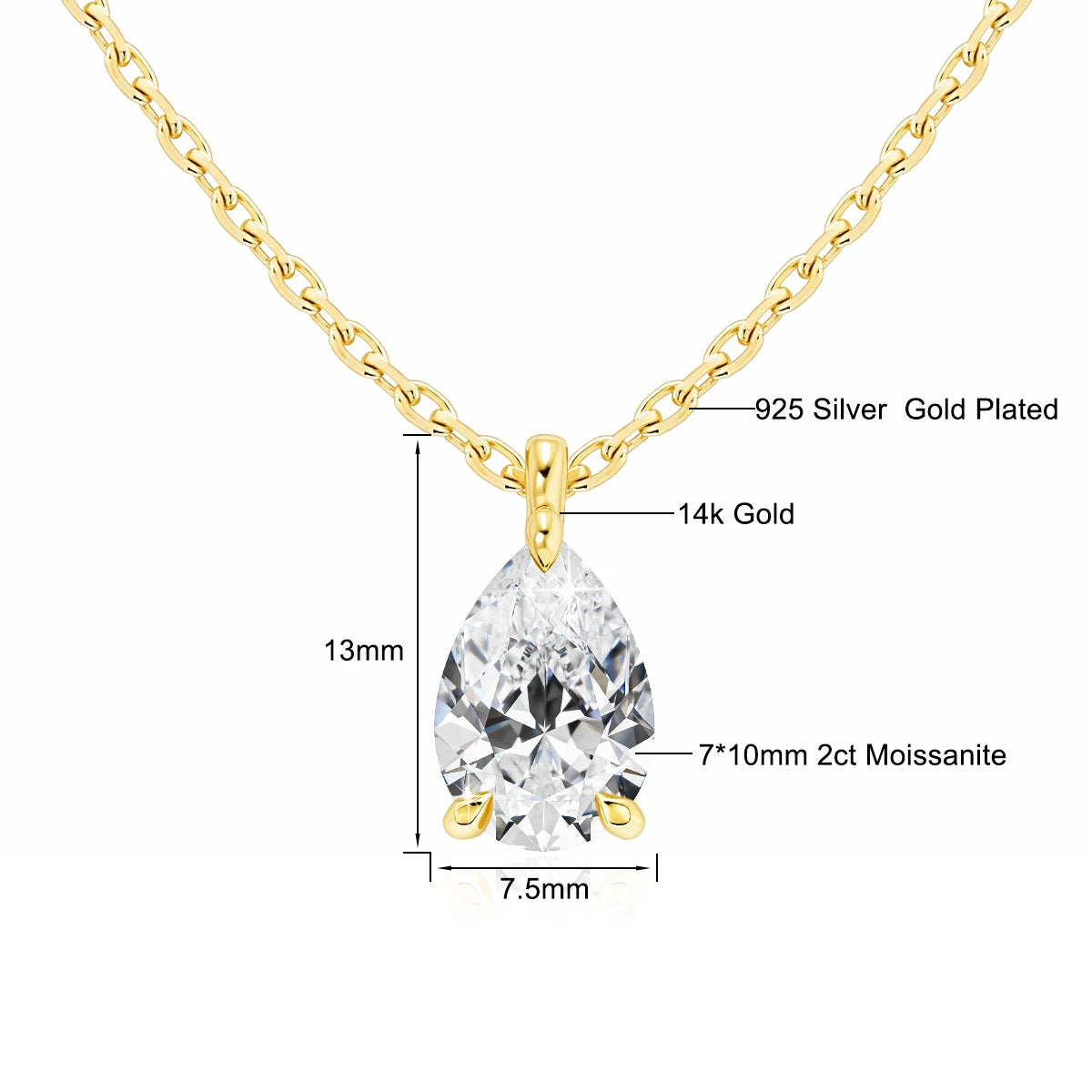 Gioiellieri 14K Gold Certified D VVS 2CT Pear Cut Moissanite Necklace Pendant for Girls Waterdrop Neck Chain Personalized Custom Jewelry