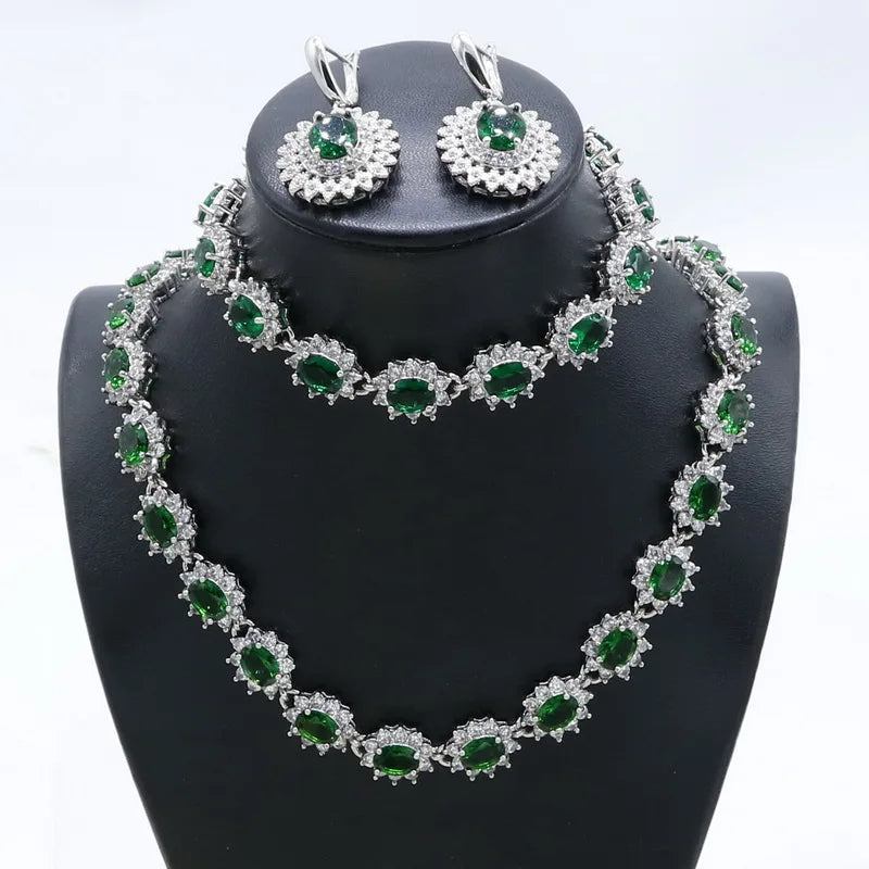 Green Blue Semi-precious Silver Jewelry Sets for Women Necklace Earrings Bracelet Wedding Bridal Jewelry