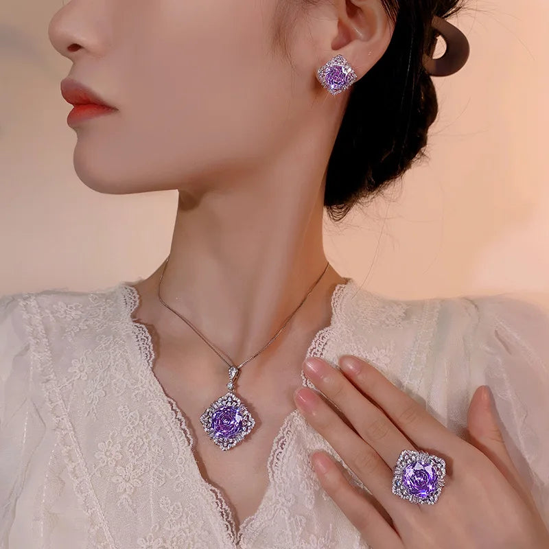 Gemfiori Fashionable Temperament Light Luxury Exquisite Violet Zircon Micro Inlaid Pendant Set Valentine's Day Gift
