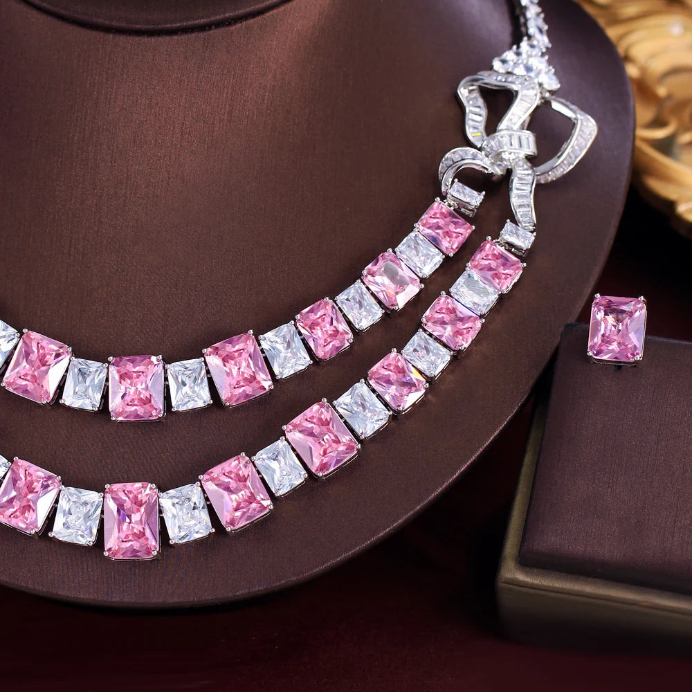 Super Shiny Luxury Design White and Pink Square Cut Cubic Zirconia Double Layer Wedding Bridal Big Jewelry Set for Women