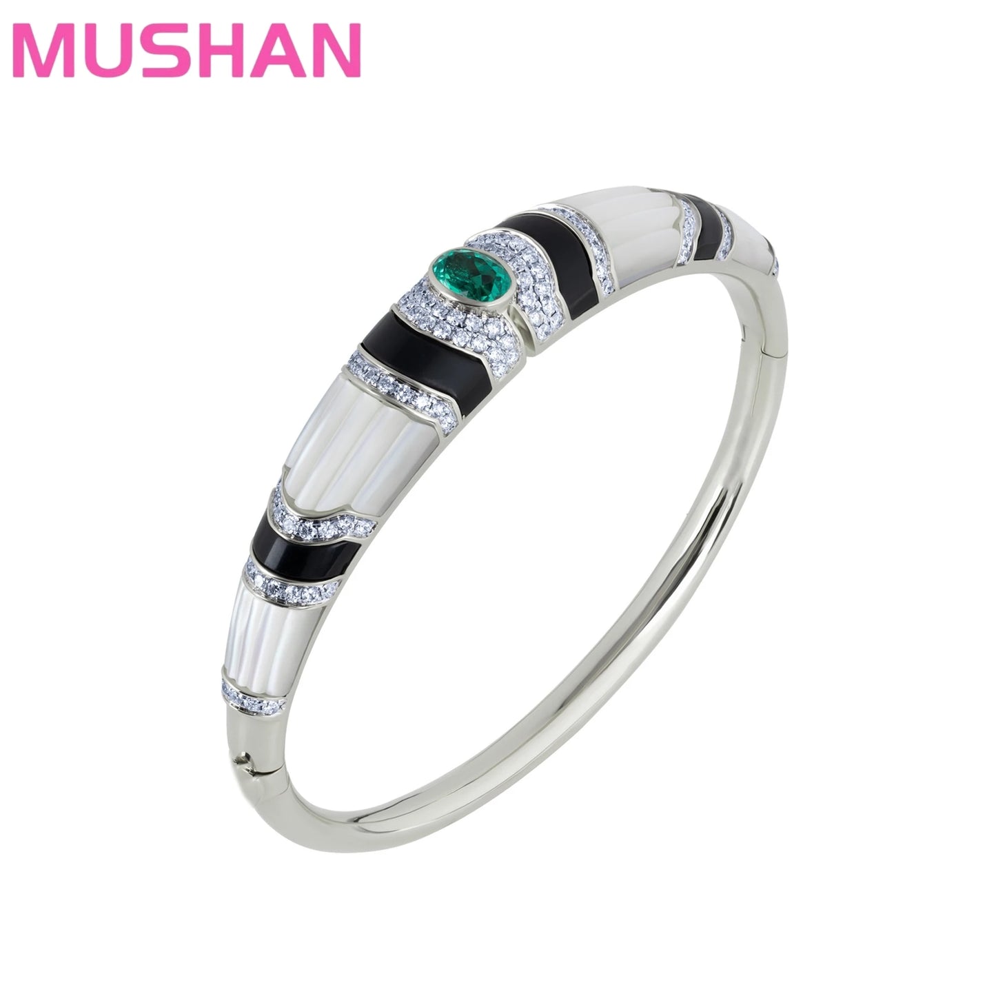 MUSHAN Jewelry Factory 925 Sterling Silver Bangle Luxury Bracelets Muzu Green Black Onyx and High Carbon Diamond Enamel Bangles