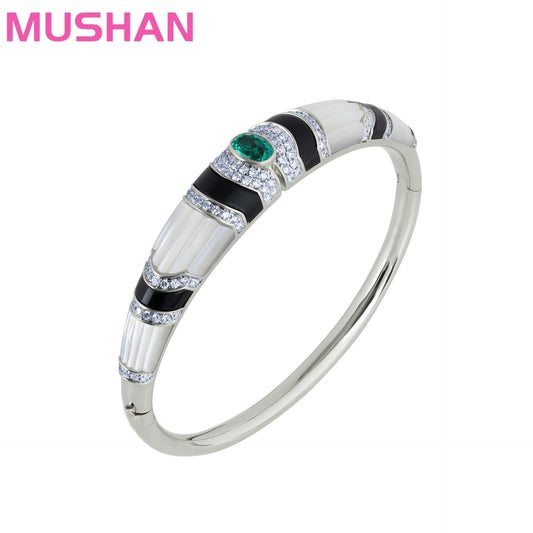 MUSHAN Jewelry Factory 925 Sterling Silver Bangle Luxury Bracelets Muzu Green Black Onyx and High Carbon Diamond Enamel Bangles