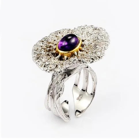 Handmade Flower Design Amethyst 925 Sterling Silver Ring