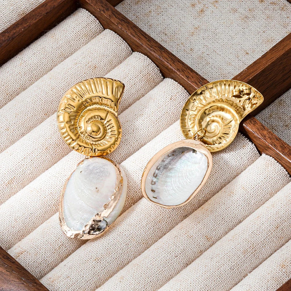 Joolim PVD Plated Wholesale Waterproof Fashion Statement Beach Natural Conch Shell Dangle Hoop Earring Stainless Steel Jewelry