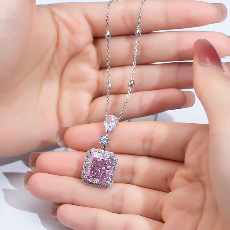 Messi Jewelry MSN-659 Pink Necklace Cubic Zirconia Radiant Cut Pear Silver Pendant for Daily Decorations