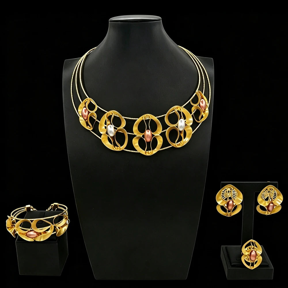 Zhuerrui Alloy Handmade Golden Jewelry Set with Openwork Metal and Multi Tone Pearls Includes Necklace Bangle Earrings and Ring