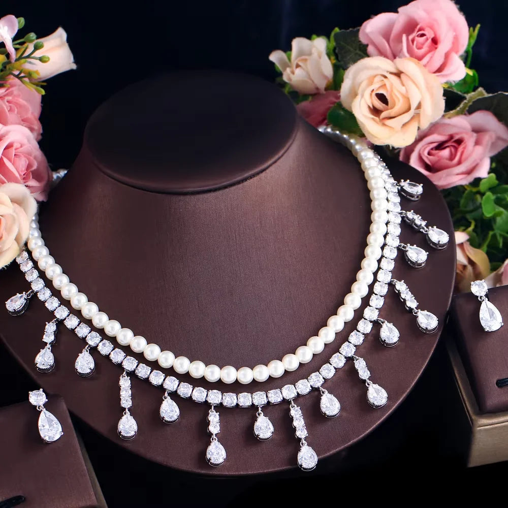 Gorgeous Tassel Necklace and Earrings Cubic Zirconia Imitation Pearl Wedding Bridal Luxury Jewelry Set for Women