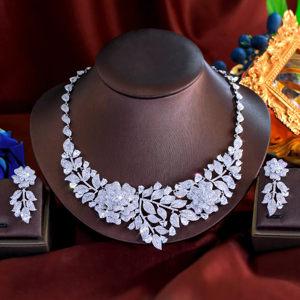Sparking White Cubic Zirconia Flower Leaf Shape Exaggerating Earrings Necklace Luxury Bridal Wedding Big Jewelry Set for Women