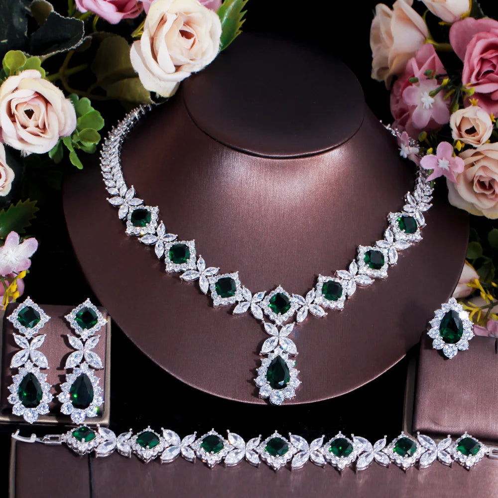 4 Pcs Flower Drop Emerald Green Big Cubic Zircon Dubai Women Party Costume Jewelry Sets for Brides Wedding Luxury