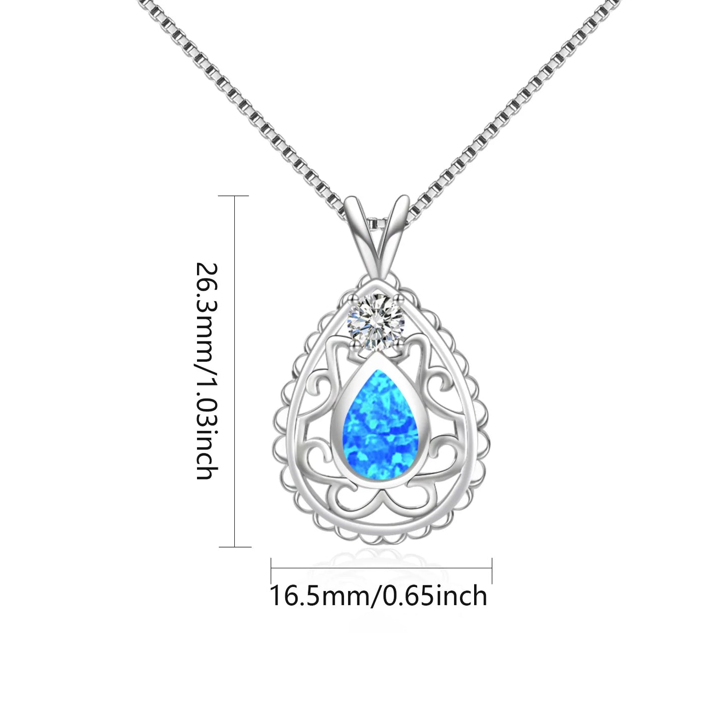 Aobao Women's Geometric Copper Alloy Silver Plated Christian Opal Blue Water Drop Necklace Chains Jewelry Gift Inlaid Opal