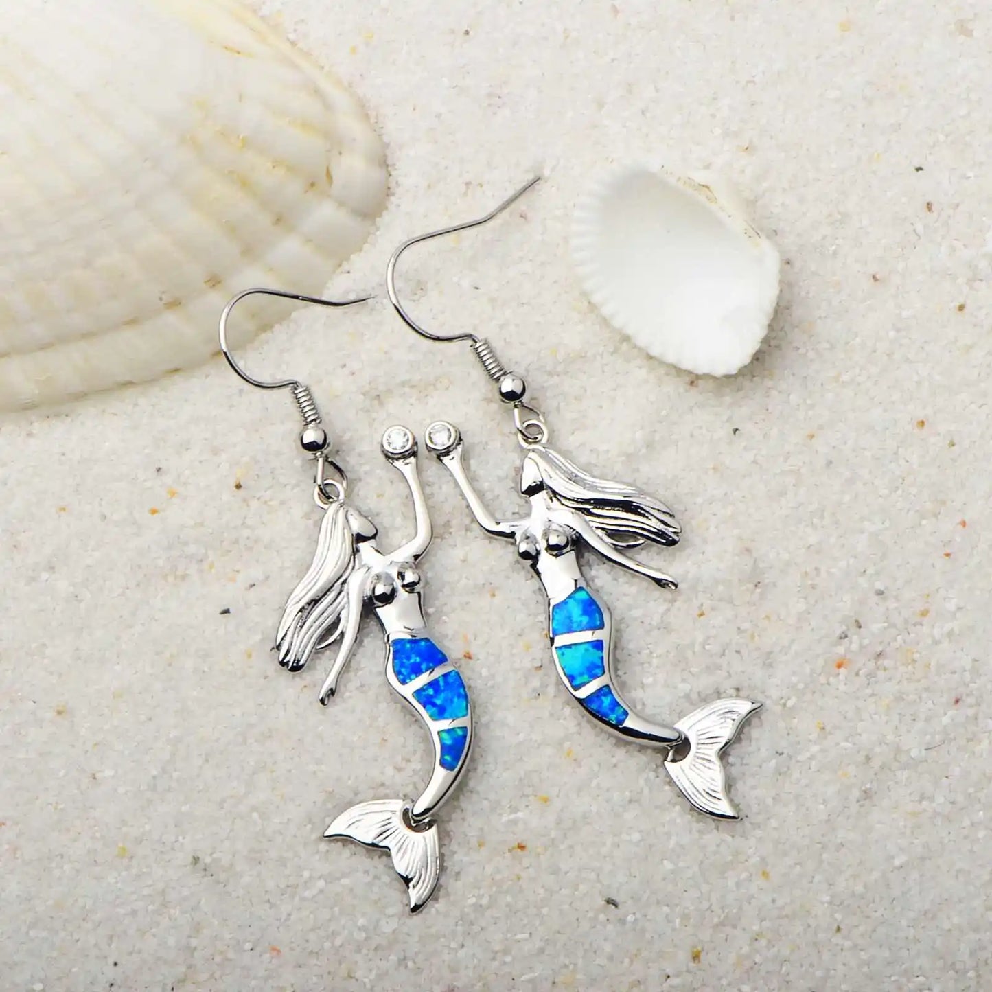 Enchanted Mermaid Opal Drop Earrings - Blue Fire Opal Tail & CZ Accent Design | Fairy-Tale Ocean Jewelry Bulk Gifts