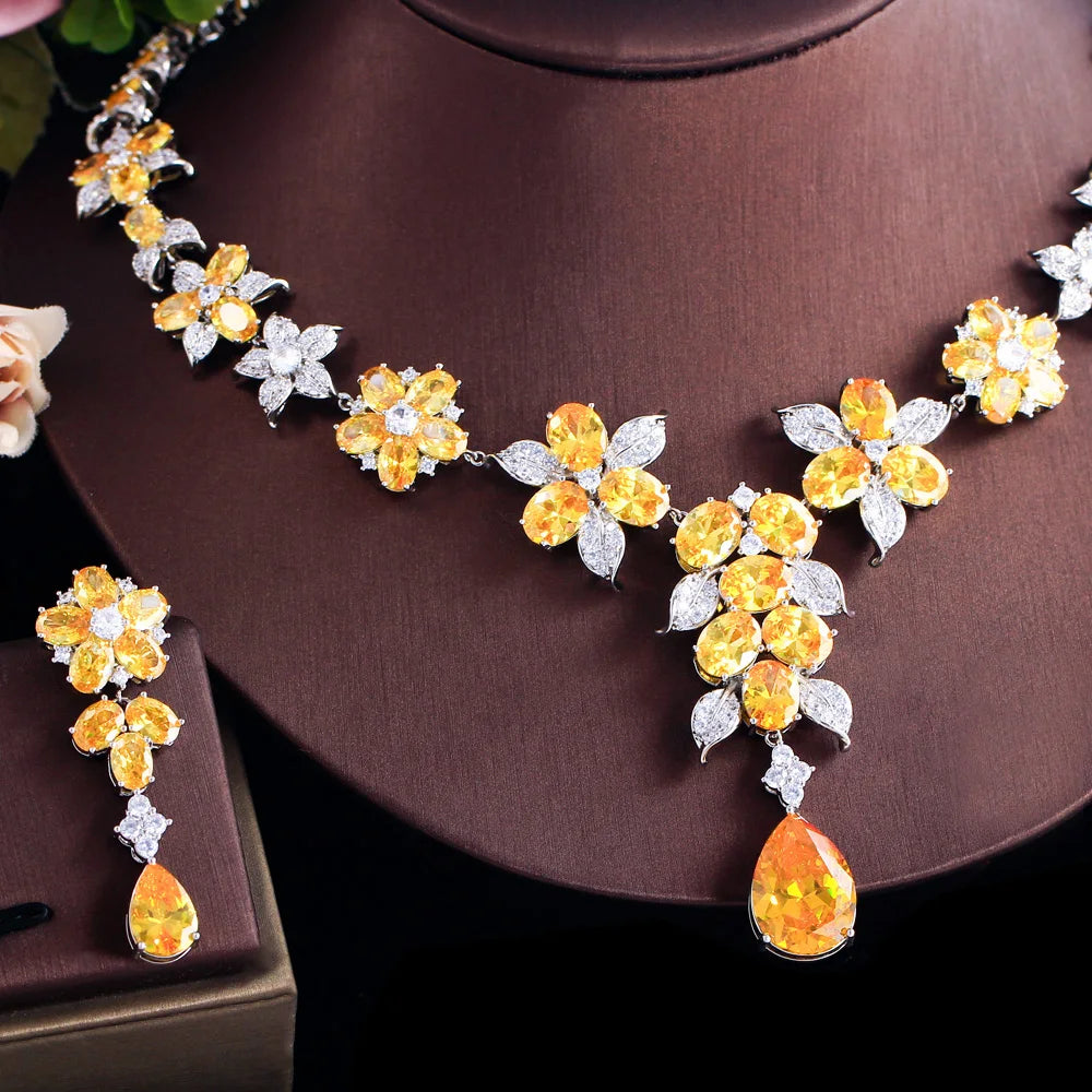 Gorgeous Chic Cubic Zircon Women Luxury 2pcs Sets Necklace and Earrings Wedding Party Yellow Flower Big Jewelry Set for Brides