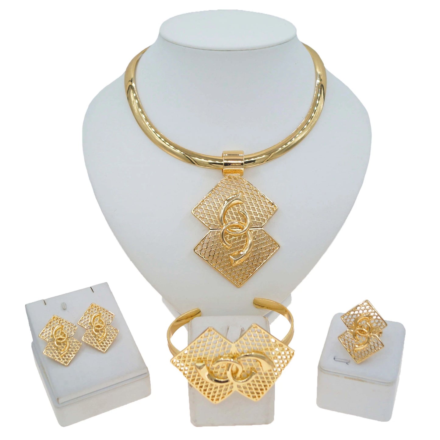 Zhuerrui Simple Gold Plated Jewelry Set Hot Selling Italian Jewelry Nigeria Wedding Engagement Ring 4-piece Gift BoxH00908