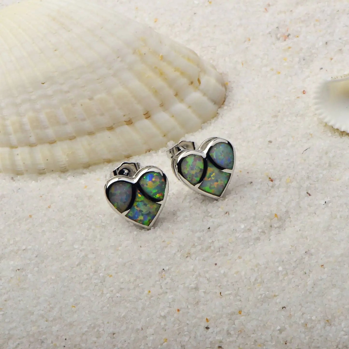 Patchwork Heart Opal Stud Earrings - Iridescent Opal Segment Design | Dainty Romantic Daily Jewelry Bulk Gifts